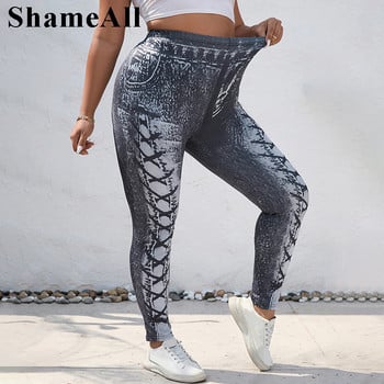 Σέξι Lace Up Εκτύπωση Strechy Skinny Απομίμηση Τζιν Κολάν 4xl Γυναικεία Street Print Slim Fit Fitness Παντελόνι Femme