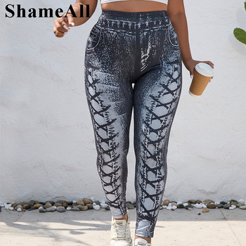 Σέξι Lace Up Εκτύπωση Strechy Skinny Απομίμηση Τζιν Κολάν 4xl Γυναικεία Street Print Slim Fit Fitness Παντελόνι Femme