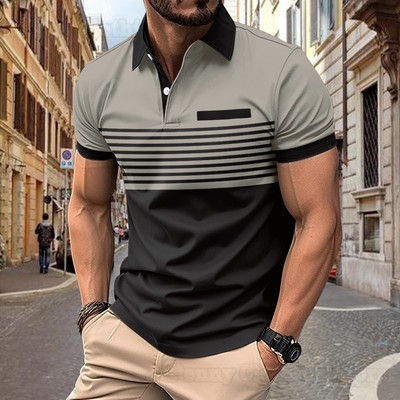 2024. gada jauns vīriešu ikdienas POLO krekls ar viltotu kabatu uz krūtīm pogas, apdrukas svītru krāsu bloķējošs vīriešu T-krekls S-3XL