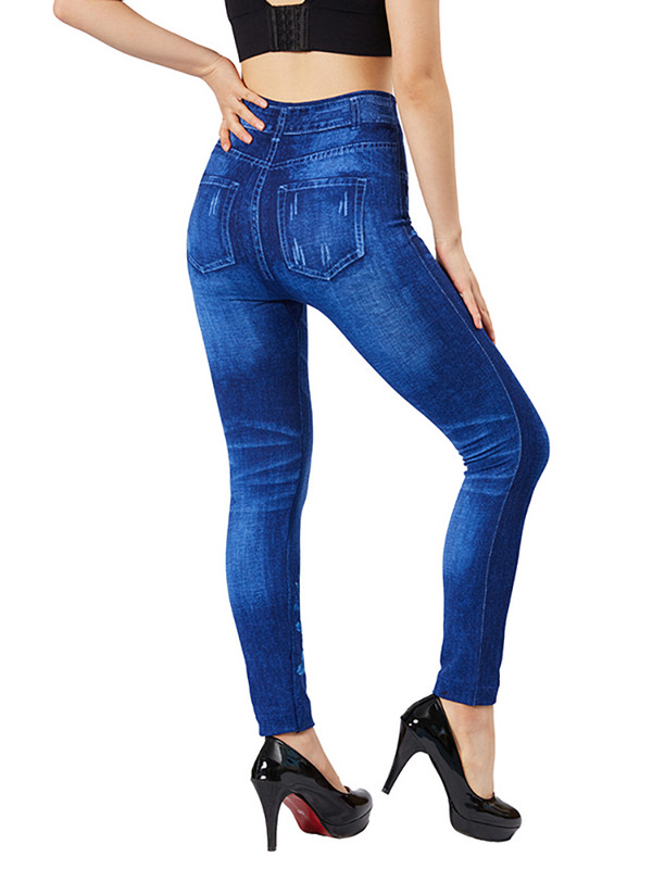 CUHAKCI Női Slim Fit Nadrág Kék Virágmintás Leggings Farmerutánzat Nagyméretű Hamis Zseb Farmer Stretch Hamis Jegging