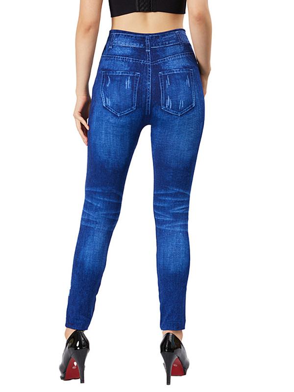 CUHAKCI Női Slim Fit Nadrág Kék Virágmintás Leggings Farmerutánzat Nagyméretű Hamis Zseb Farmer Stretch Hamis Jegging