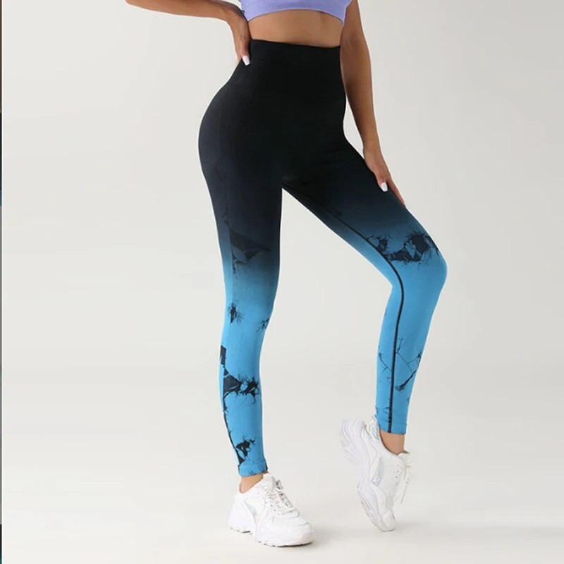 Pantaloni de damă, țesătură integrată, gradient, stil Tie Dye, yoga, sport, piersică, șold, slim-fit, jambiere cu talie înaltă