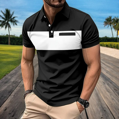 2024. Nova muška ljetna majica kratkih rukava s preklopom, 3D digitalno ispisana prugasta polo majica s lažnom džepnom kopčom, muška poslovno ležerna majica