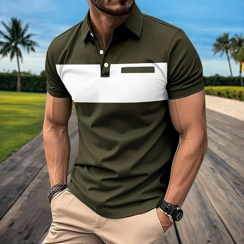 2024. Nova muška ljetna majica kratkih rukava s preklopom, 3D digitalno ispisana prugasta polo majica s lažnom džepnom kopčom, muška poslovno ležerna majica