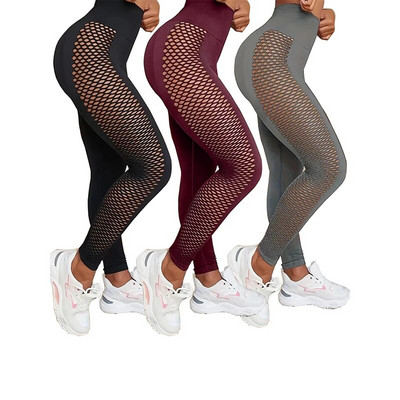 Női 3 részes Yoga Sxy Seamless Super Elastic Fishnet betétes sport leggings