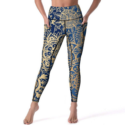 Retro Arany Mandala Leggings Szexi Divatos Bohém Print Fitness Jóga Nadrág Push Up Stretch Sport Leggings Zsebek Újszerű Leggins