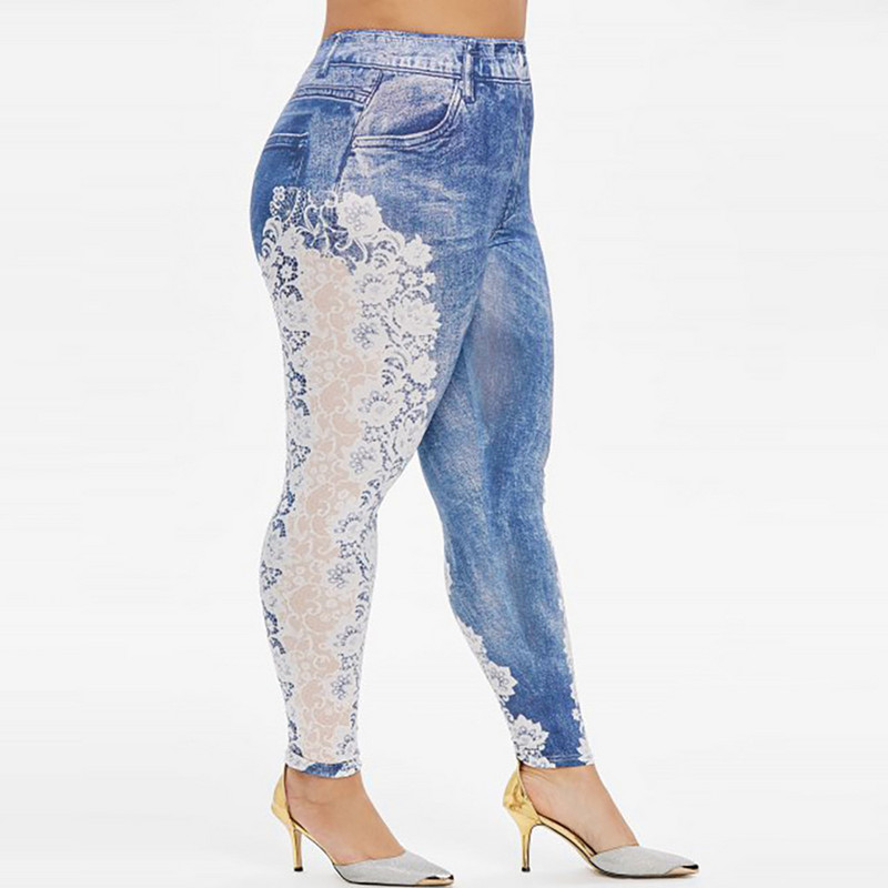 Sieviešu imitācijas džinsa legingi mežģīņu džinsi savārstījums elastīgs viduklis ikdienas legingi sieviešu vasaras lielizmēra zīmulis bikses leggins