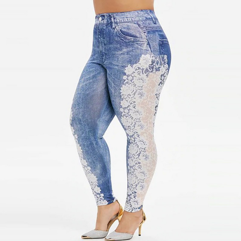 Sieviešu imitācijas džinsa legingi mežģīņu džinsi savārstījums elastīgs viduklis ikdienas legingi sieviešu vasaras lielizmēra zīmulis bikses leggins