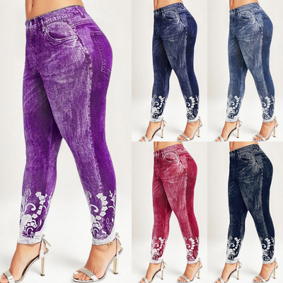 Moteriški antblauzdžiai imitacija džinsai su gėlėmis marginta elastinga juosmens pieštuku kelnės Jeggings didelio dydžio antblauzdžiai moteriškos sportinės kelnės