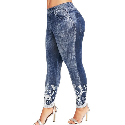 Sieviešu legingi imitācijas džinsi ar ziedu apdruku elastīga jostasvietas zīmuļa bikses džeggingi lielizmēra legingi sieviešu sporta bikses