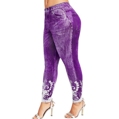 Sieviešu legingi imitācijas džinsi ar ziedu apdruku elastīga jostasvietas zīmuļa bikses džeggingi lielizmēra legingi sieviešu sporta bikses
