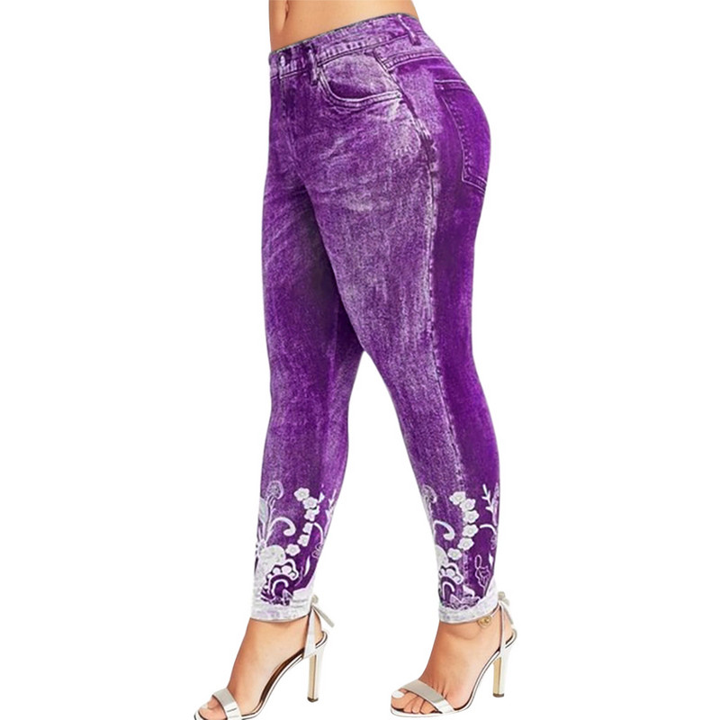 Sieviešu legingi imitācijas džinsi ar ziedu apdruku elastīga jostasvietas zīmuļa bikses džeggingi lielizmēra legingi sieviešu sporta bikses