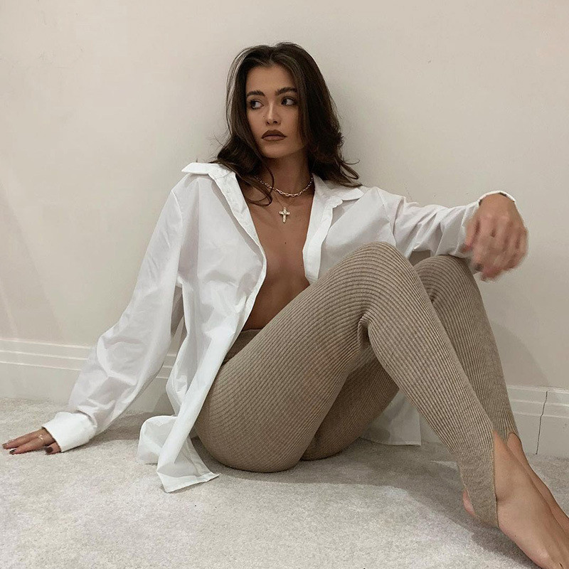 Jesenske bež rebraste pletene tajice Ženske pamučne osnovne hlače za fitness s visokim strukom Ležerne proljetne nove Ženske uske tajice za sve kombinacije