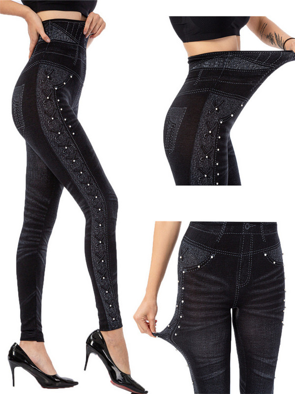 VISNXGI Seamless Slim Női Faux Farmer Leggings Fitness Edzés Zsebnyomtatás Nyári alkalmi ceruzanadrágok Sport Jeggingek