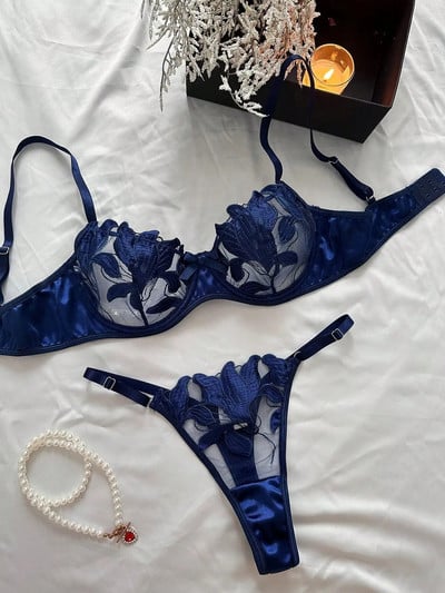 2024. aasta lilltikandiga seksikas pesukomplekt, naiste õhuke läbipaistev bralette pitsiga Push Up rinnahoidja sukkpüksid, 2-osaline sensuaalne naistepesu S