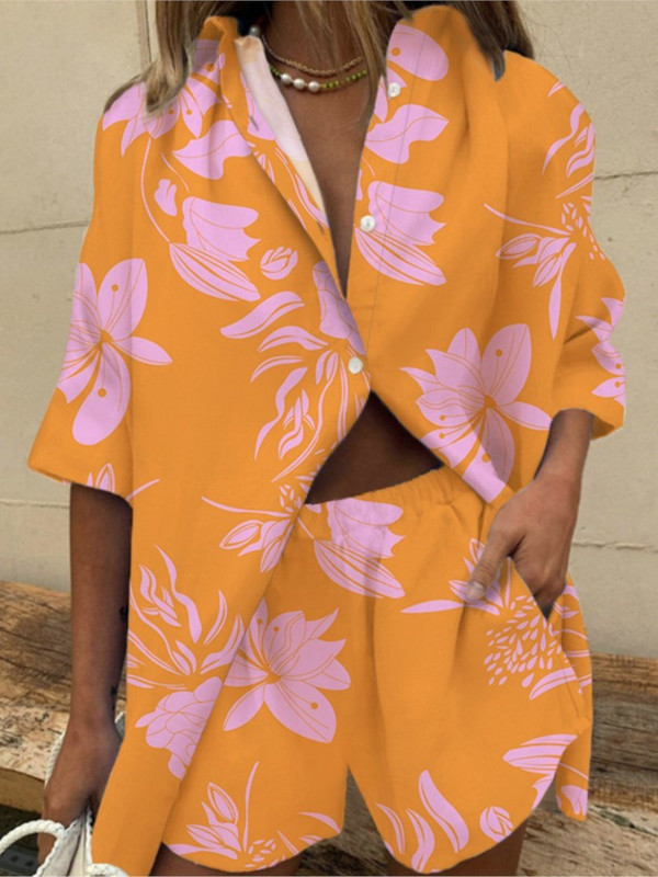 Kétrészes rövid szettek Női nyári alkalmi nyomtatott rövid ujjú ingek 2 részes készlet rövidnadrágok divatos laza irodai ingek öltöny ruhák