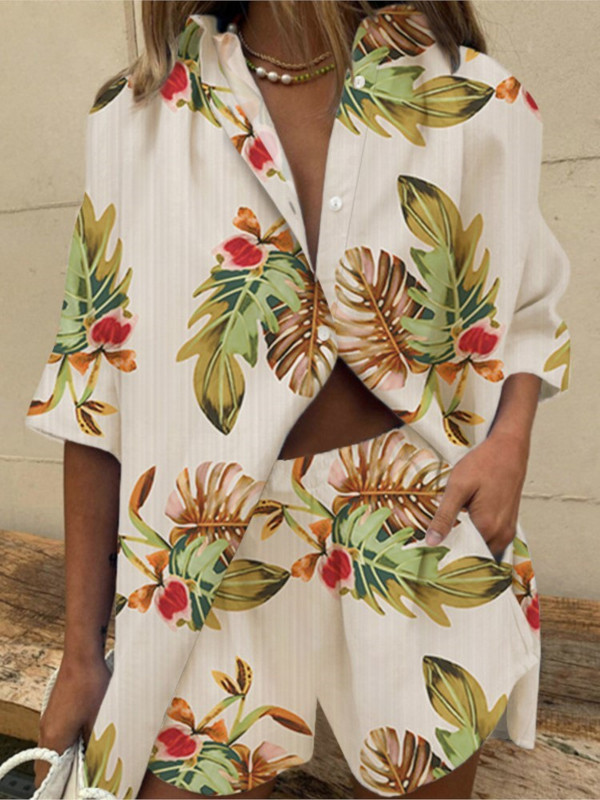 Kétrészes rövid szettek Női nyári alkalmi nyomtatott rövid ujjú ingek 2 részes készlet rövidnadrágok divatos laza irodai ingek öltöny ruhák