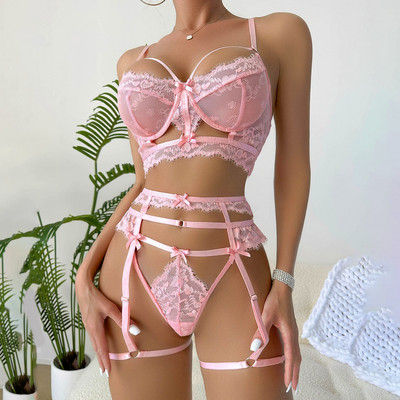 Set de lenjerie sexy din dantelă roz pentru femei, ținută de lenjerie de noapte cu bretele ajustabile, seducătoare, subțire, exotică, sexy pentru femei