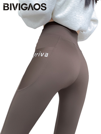 BIVIGAOS tavaszi nyár új női oldalzsebbetűs cápabőr leggings magas derekú Skinny Slim Sport Running Fitness leggings