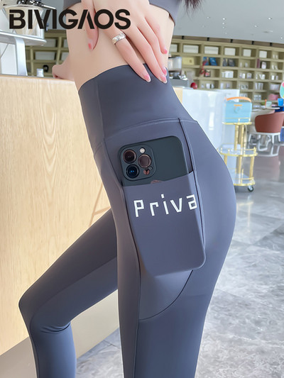 BIVIGAOS Pavasara vasara Jauni sieviešu sānu kabatas burtu legingi haizivīdas legingi ar augstu vidukli Skinny Slim sporta skriešanas fitnesa legingi