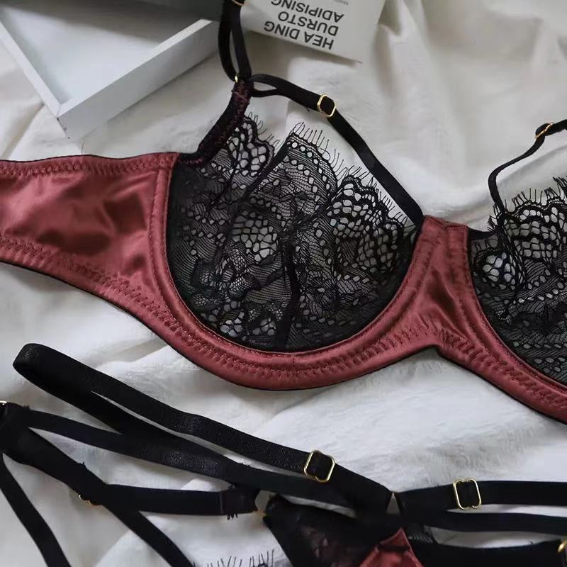 SML XL ABCD Ultravékony átlátszó fehérnemű szett nőknek Szexi Push Up fehérnemű Hollow Out Női Intim csipke hálóruha