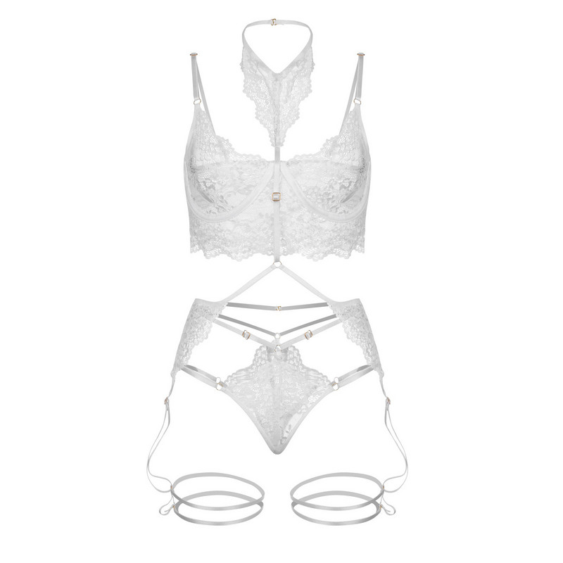 S-3XL Hot Erotic Melltartó + Tanga Harisnyakötő szett Nagy méretű női fehérnemű szex fehérnemű szett pornó szex jelmezek átlátszó csipke Babydoll