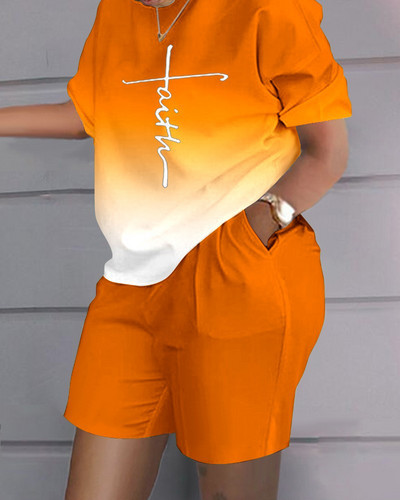 Ежедневни свободни тениски с къси ръкави Комплект къси панталони Офис дама Лятна мода О-образно деколте Цветен комплект от две части Дамско облекло 2023