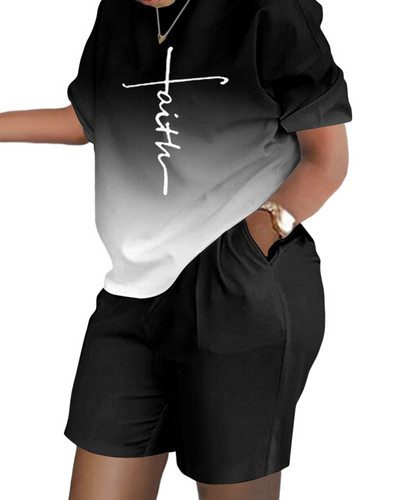 Ежедневни свободни тениски с къси ръкави Комплект къси панталони Офис дама Лятна мода О-образно деколте Цветен комплект от две части Дамско облекло 2023