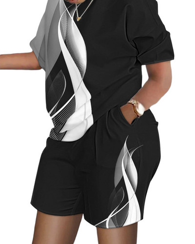 Ежедневни свободни тениски с къси ръкави Комплект къси панталони Офис дама Лятна мода О-образно деколте Цветен комплект от две части Дамско облекло 2023