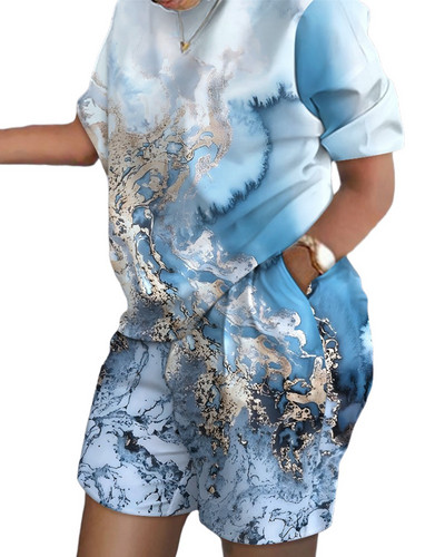 Ежедневни свободни тениски с къси ръкави Комплект къси панталони Офис дама Лятна мода О-образно деколте Цветен комплект от две части Дамско облекло 2023