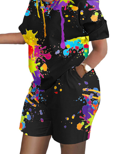 Ежедневни свободни тениски с къси ръкави Комплект къси панталони Офис дама Лятна мода О-образно деколте Цветен комплект от две части Дамско облекло 2023