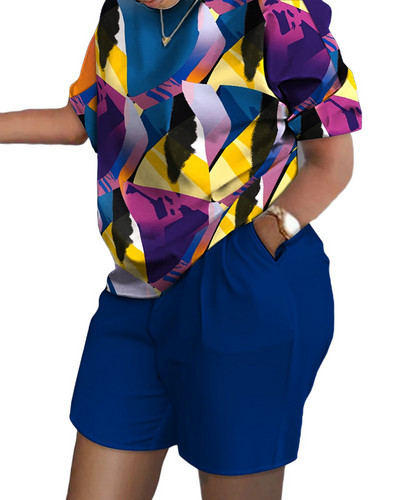 Ежедневни свободни тениски с къси ръкави Комплект къси панталони Офис дама Лятна мода О-образно деколте Цветен комплект от две части Дамско облекло 2023
