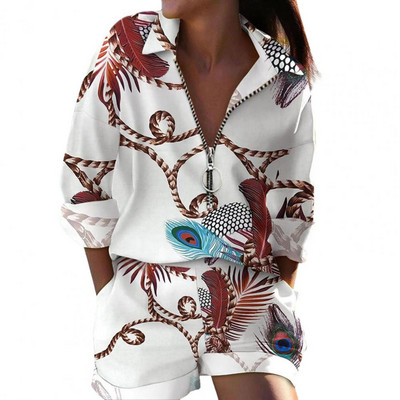 Sieviešu divdaļīgs apģērbs Stilīgs apdrukāts kreklu šortu komplekts ar rāvējslēdzēju, mīkstām kabatām ar augstu vidukli. Sieviešu šorti uzvalks sievietēm