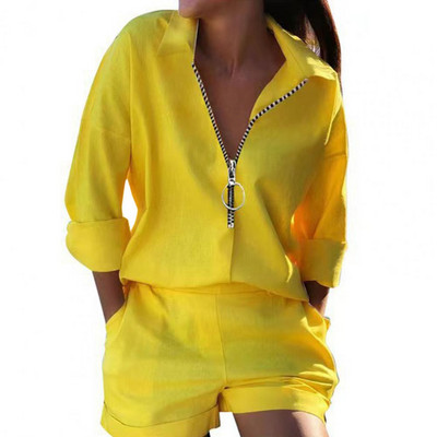 Sieviešu divdaļīgs apģērbs Stilīgs apdrukāts kreklu šortu komplekts ar rāvējslēdzēju, mīkstām kabatām ar augstu vidukli. Sieviešu šorti uzvalks sievietēm