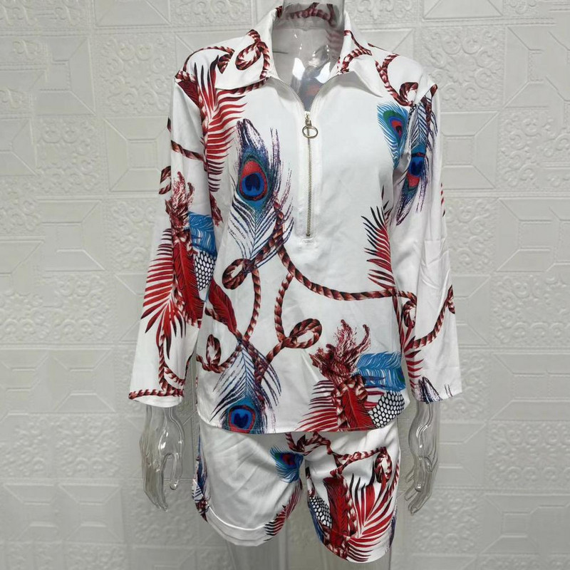 Sieviešu divdaļīgs apģērbs Stilīgs apdrukāts kreklu šortu komplekts ar rāvējslēdzēju, mīkstām kabatām ar augstu vidukli. Sieviešu šorti uzvalks sievietēm