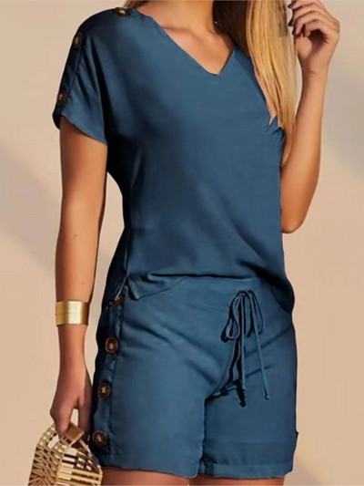 Jauns vasaras sieviešu pogāms V kakla izgriezums ar īsām piedurknēm ikdienišķs tops un aukliņu dizaina šortu komplekts Modes viengabalains divdaļīgs komplekts sievietēm