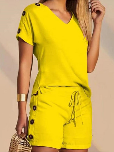 Jauns vasaras sieviešu pogāms V kakla izgriezums ar īsām piedurknēm ikdienišķs tops un aukliņu dizaina šortu komplekts Modes viengabalains divdaļīgs komplekts sievietēm