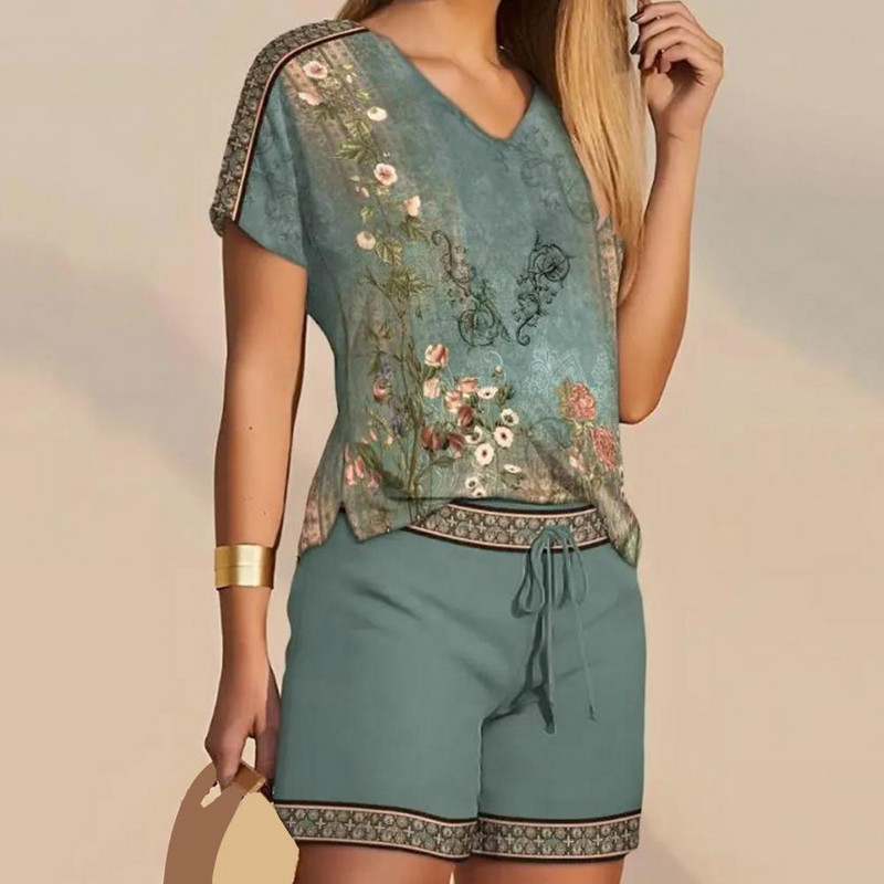 Dvodijelni kompleti Ženska odjeća Ljeto 2023. Modni cvjetni plemenski print V-izrez Top kratkih rukava i ležerni set kratkih hlača s uzicom