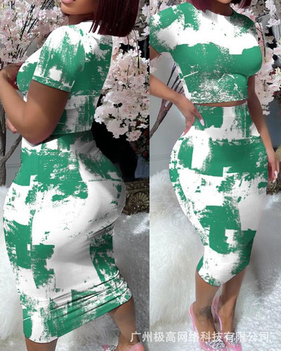 Fashion Skinny Party Two Piece Σετ Γυναικεία στολή 2023 Καλοκαιρινό ανοιχτό ροζ κοντομάνικο μπλουζάκι και στενή εφαρμογή σε μεσαίο μήκος