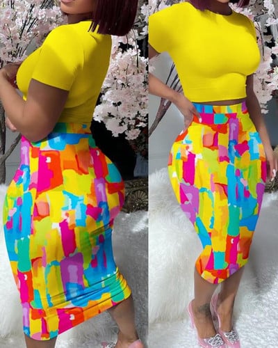 Fashion Skinny Party Two Piece Σετ Γυναικεία στολή 2023 Καλοκαιρινό ανοιχτό ροζ κοντομάνικο μπλουζάκι και στενή εφαρμογή σε μεσαίο μήκος