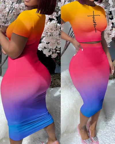 Fashion Skinny Party Two Piece Σετ Γυναικεία στολή 2023 Καλοκαιρινό ανοιχτό ροζ κοντομάνικο μπλουζάκι και στενή εφαρμογή σε μεσαίο μήκος