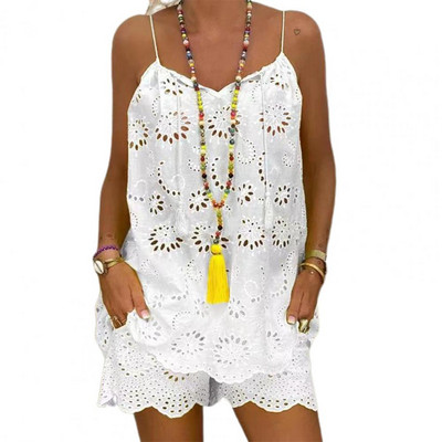 Jauni divu gabalu komplekti Sieviešu tērpi Ikdienišķs V veida kakla izgriezums bez piedurknēm, izšuvumi, šorti, 2022. gada modes sieviešu uzvalks