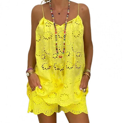 Jauni divu gabalu komplekti Sieviešu tērpi Ikdienišķs V veida kakla izgriezums bez piedurknēm, izšuvumi, šorti, 2022. gada modes sieviešu uzvalks