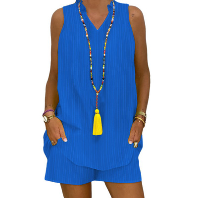 Jauni divu gabalu komplekti Sieviešu tērpi Ikdienišķs V veida kakla izgriezums bez piedurknēm, izšuvumi, šorti, 2022. gada modes sieviešu uzvalks