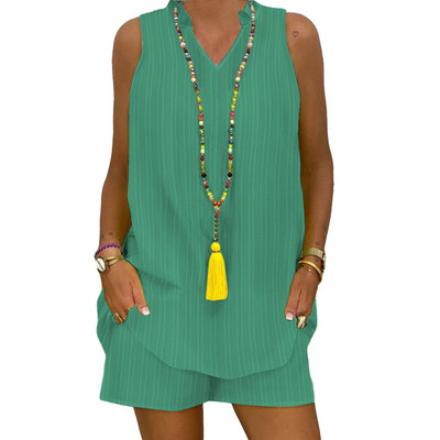 Jauni divu gabalu komplekti Sieviešu tērpi Ikdienišķs V veida kakla izgriezums bez piedurknēm, izšuvumi, šorti, 2022. gada modes sieviešu uzvalks