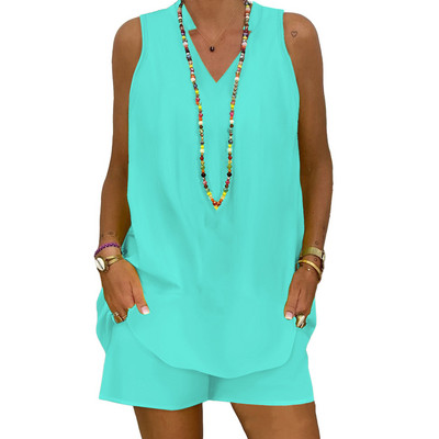 Jauni divu gabalu komplekti Sieviešu tērpi Ikdienišķs V veida kakla izgriezums bez piedurknēm, izšuvumi, šorti, 2022. gada modes sieviešu uzvalks