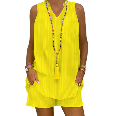 Jauni divu gabalu komplekti Sieviešu tērpi Ikdienišķs V veida kakla izgriezums bez piedurknēm, izšuvumi, šorti, 2022. gada modes sieviešu uzvalks