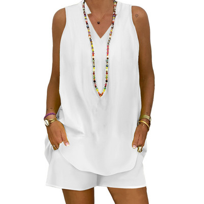 Jauni divu gabalu komplekti Sieviešu tērpi Ikdienišķs V veida kakla izgriezums bez piedurknēm, izšuvumi, šorti, 2022. gada modes sieviešu uzvalks