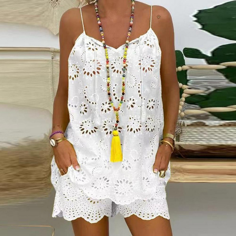 Jauni divu gabalu komplekti Sieviešu tērpi Ikdienišķs V veida kakla izgriezums bez piedurknēm, izšuvumi, šorti, 2022. gada modes sieviešu uzvalks