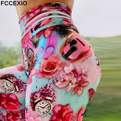 FCCEXIO 3D Print Női Leggings Rózsaszín gitár Óra Feszes Fitness Legins Magas derekú Hosszú nadrág Divat Szexi Sport Leggins